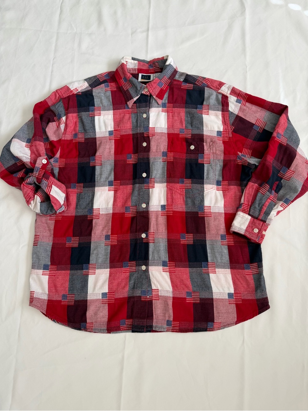 Vintage CST Sport American Flag Plaid 1X Long Sleeve Button Up Shirt T104